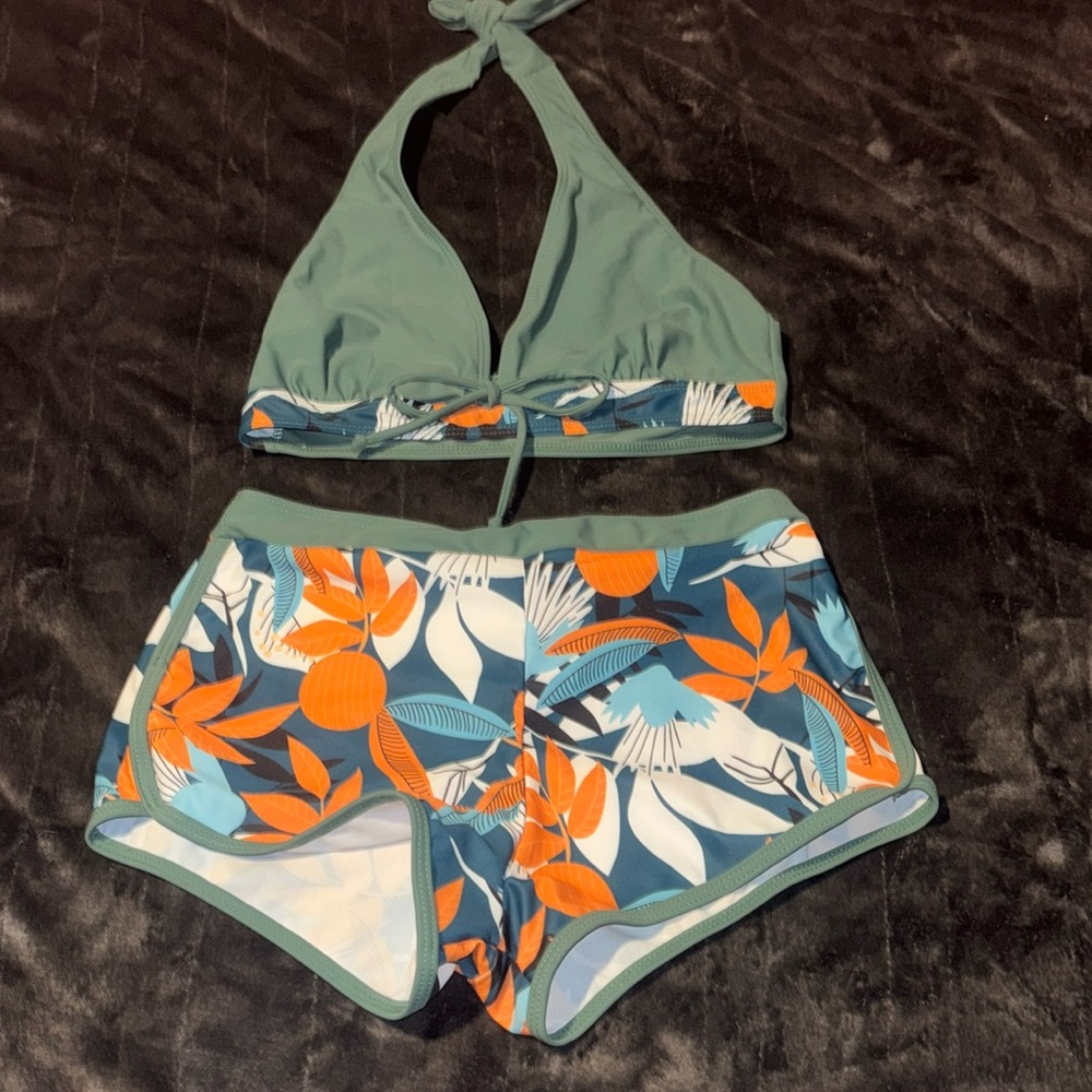 Two Piece Printed Green Halter Neck High Waist Swimwear